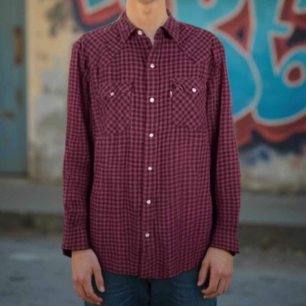 🔥 Levi’s Classic Western Shirt | L | Burgundy Checkered Pearl Snap Rodeo Vibes